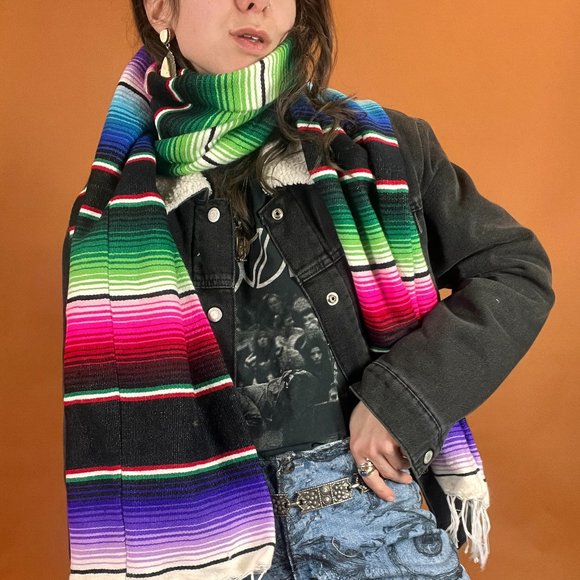 Serape Striped Oversized Scarf - Black - Handmade - One Size - Picture 1 of 5